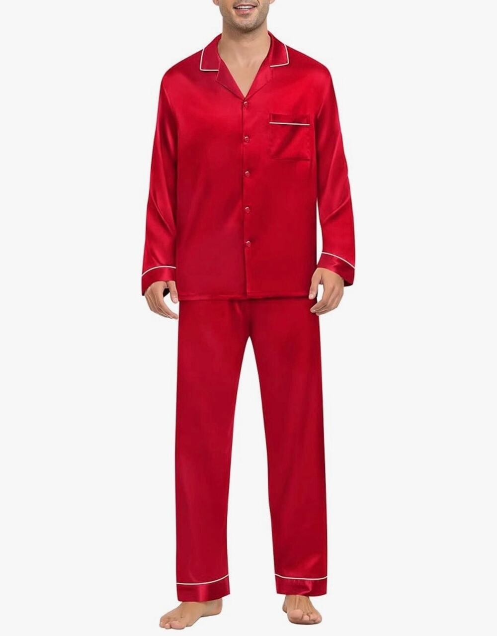 SWOMOG Mens Silk Pajamas Set Satin Long Sleeve Button Down 2 PCS Size M (C175)